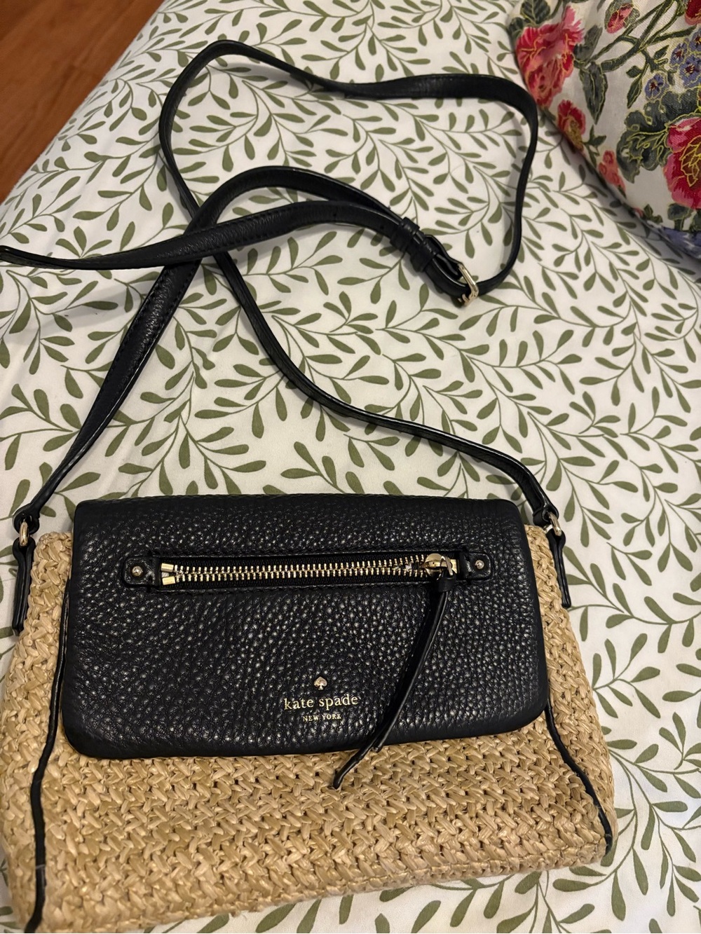 kate spade Black and Natural Straw Two-Tone Crossbody